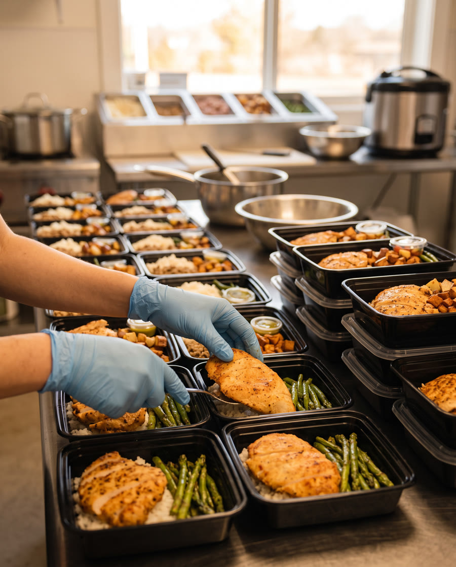 Hands filling fresh meal prep trays in the Prepped Mealz kitchen