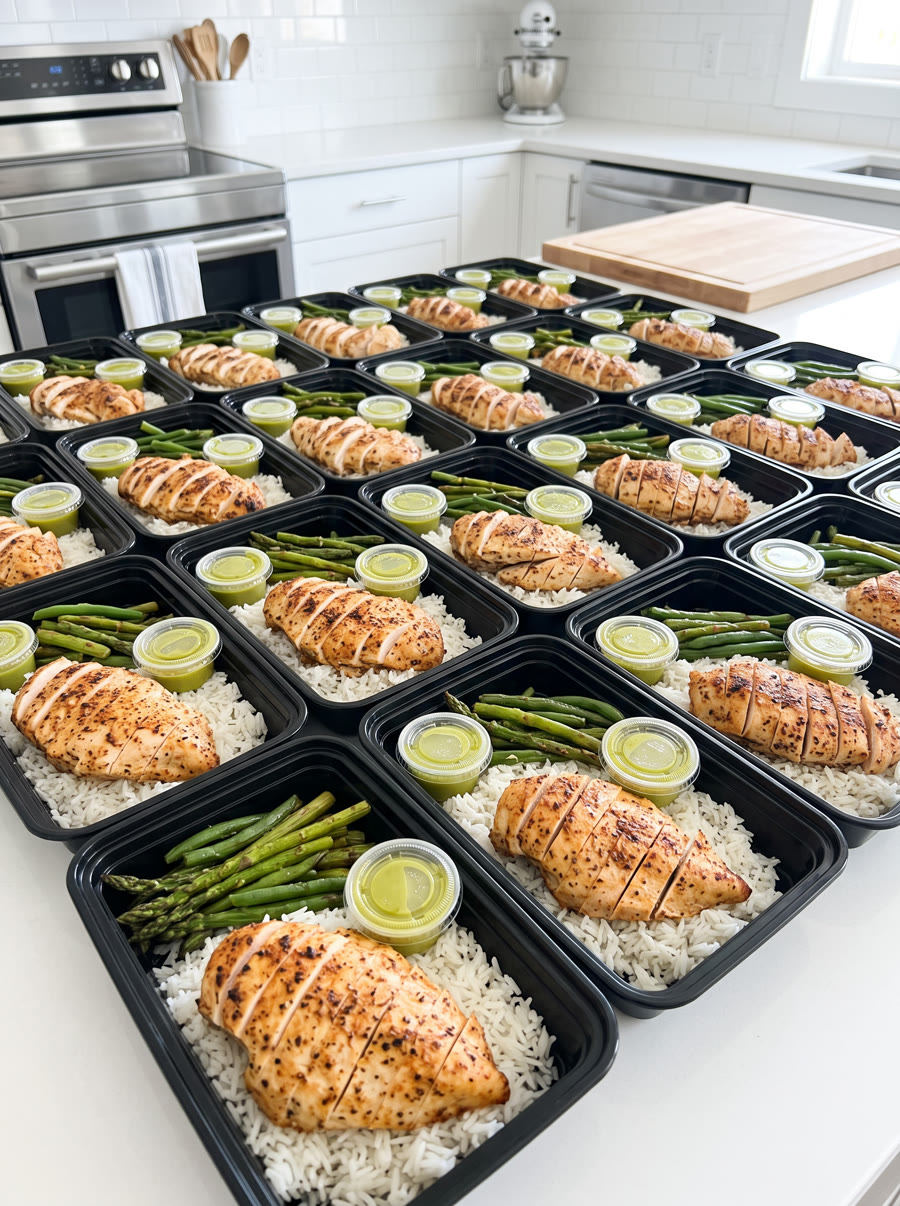 Fresh meal prep trays lined up in the Prepped Mealz kitchen