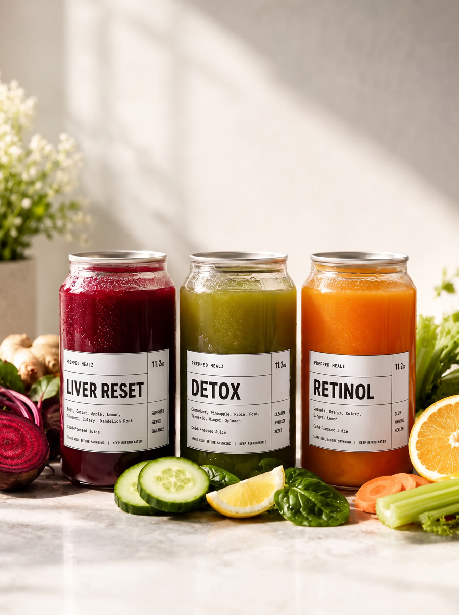 Cold-pressed juices: Liver Reset, Detox and Retinol