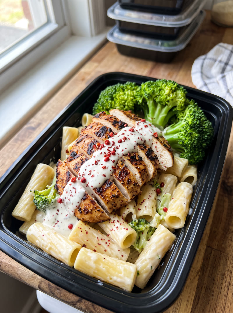 Creamy chicken rigatoni tray, fresh from the kitchen